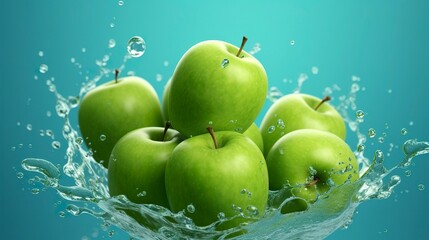 Fresh green apples fall into the water with a splash on blue background. Generative AI