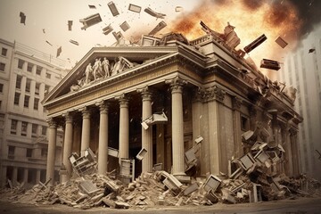 Bank collapse. A bank or financial institution, going down failing or collapsing. Generative AI - obrazy, fototapety, plakaty