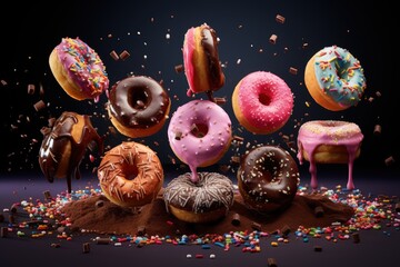 Doughnuts, delicious and sweet baked goods food, tasty, caloric, fast food obesity, dough products fried in oil deep-fried baked goods sweet dust jam jam candy chocolate chocolate powdered sugar .