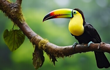 Chesnut mandibled Toucan sitting on the branch in tropical rain with a green jungle. Generative AI