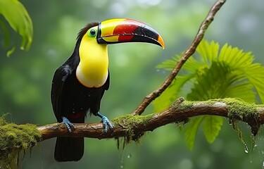 Chesnut mandibled Toucan sitting on the branch in tropical rain with a green jungle. Generative AI