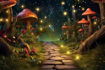 background fairy wood with a single path, zoom on a small portion of the path and add trees, moss, fireflies and mushrooms as additional decorations. AI Generative