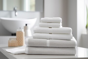 The world's softest towels against a minimalistic background. Stacked white towels sit on top of a soap dish in a bathroom.