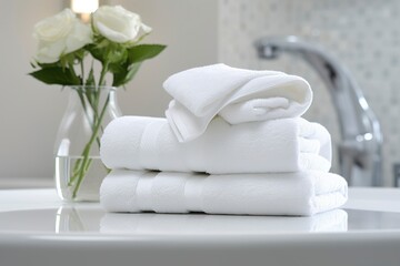 The world's softest towels against a minimalistic background. Stacked white towels sit on top of a soap dish in a bathroom.
