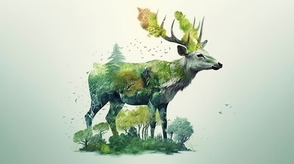 Obraz premium Fantasy animal, double exposure of fantasy world with green trees. 