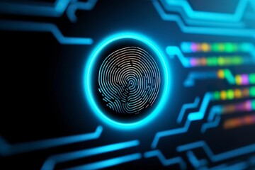 Fingerprint Authentication Button. Biometric Security. Identification and cyber security concept. Glowing neon fingerprint on dark background. 