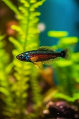 In the aquarium with plants and stones. The spinytail has a variety of color varieties including red, orange, yellow, blue and green.