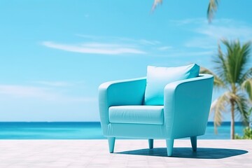 Fototapeta na wymiar Photo of a modern light blue color armchair alone in the tropical background.