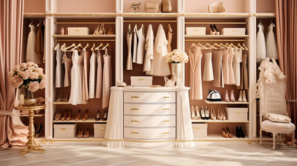 Fototapeta na wymiar An interior of a luxury woman's wardrobe full of expensive dresses, shoes and other clothes. 
