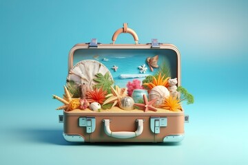 Creative Summer Beach Composition in Suitcase on Blue Background, A Travel Concept Idea in 3D Rendering. AI Generative
