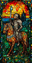 Fototapeta na wymiar A Knight in Shining Armor. An Illustration of a Mythical Ancient Paladin in Stained Glass Renaissance Fresco Style. AI Generative