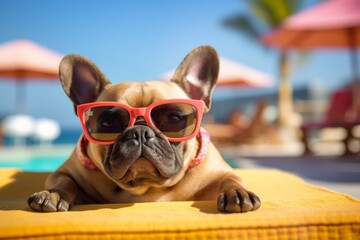 Dog Puppy wearing sunglasses, lying on a sunbed to sunbath at the beach sea on summer vacation, holidays. Funny concept. AI Generative - obrazy, fototapety, plakaty