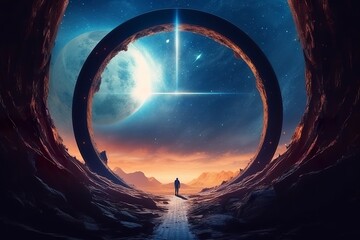 Portal to another world. Futuristic cosmic landscape with circle tunnel in starry sky. Gate in space futuristic background with galaxy and nebula. 