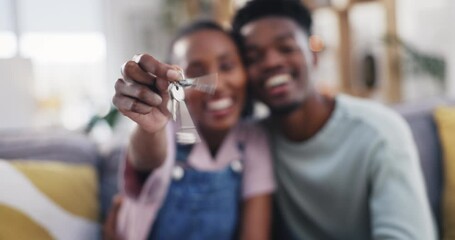 Arican couple, hands and keys for new home, property and real estate investment with a smile. Sale, invest achievement and young people happy from buying a house and moving opportunity together