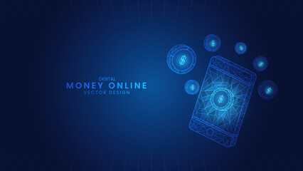 Money online and smartphones. Mobile Phone with Coin, Payment, and Transfer. Low Poly wireframe style Vector Illustration