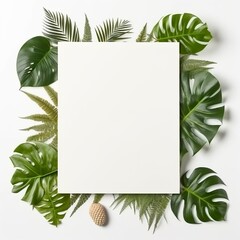 Frame with leaves.  Summer tropical leaves and blank frame with copy space on white background. 