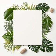 Frame with leaves.  Summer tropical leaves and blank frame with copy space on white background. 