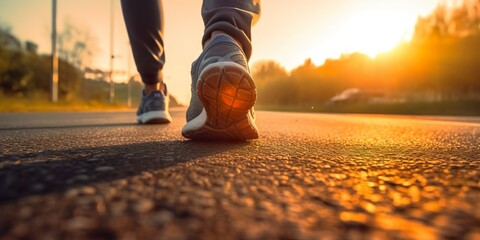 Close up on the shoe, Runner athlete feet running on the road under sunlight in the morning.  - obrazy, fototapety, plakaty