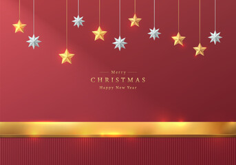 3D wall scene background with realistic red table stand product podium with golden star and christmas elements. Abstract composition in minimal design. Platforms christmas product display presentation