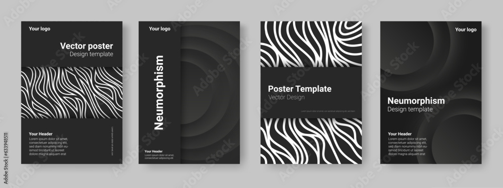 Poster neumorphism posters set. black and white monochrome design. lines and circles. abstract minimal grap