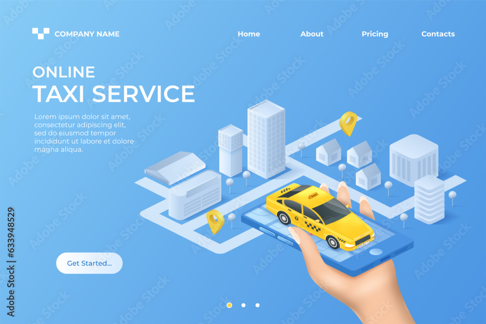 Aufkleber taxi landing page. isometric web app banner. phone with car on display. yellow city cab. street navi