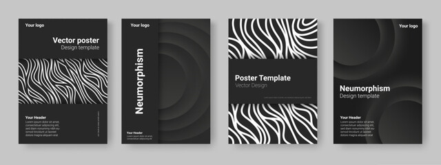 Neumorphism posters set. Black and white monochrome design. Lines and circles. Abstract minimal graphic. Wall art, brochure or flyers template. Vertical luxury banners. Vector background