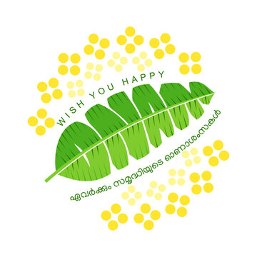 Onam wishes 01 FINAL.cdrKerala, Indian holiday. Happy Onam hand drawn English creative lettering or typography illustration for greeting card, banner, poster, label, tag. banana leaf concept.