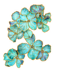 Isolated Hand drawn watercolor painting turquoise flowers with golden plating on white background. Beautiful nature floral element for design, greeting card, decoration, invitation. - 633948736