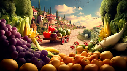 Vegetables natural farm background with a giant vegetables and fruits   - obrazy, fototapety, plakaty