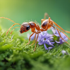 Microcosmic Marvel: Capturing the Intricate World of a Red Ant on Blades of Grass in Stunning Macro Photography
