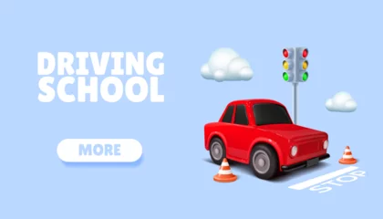 Foto auf Acrylglas Cartoon-Autos 3D car traffic. Driving school web banner. Auto parking. Vehicle sign and urban road. Safety driver license. Drivers education. Transport exam. Render automobile. Vector cartoon background