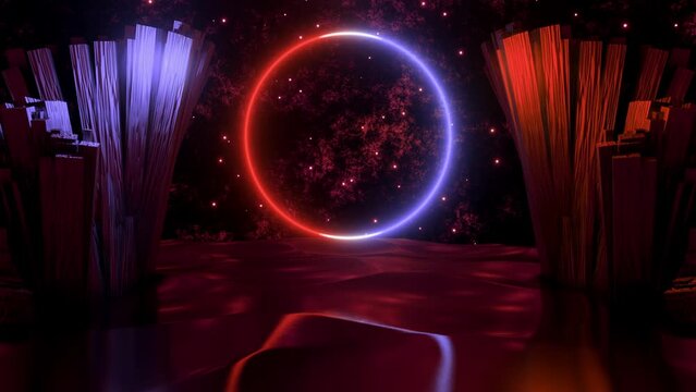 Beautiful abstract background with Circle in the middle with a place for text and water surface. Seamless loop video perfect for VJ thematic sets and gothic festivals, VJ Loop. Gradient color. Ring