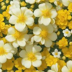 Fototapeta premium A close-up of a yellow flower pattern background with white flowers. AI-Generated.