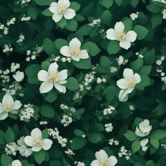 A close-up of a green flower pattern background with white flowers. AI-Generated.