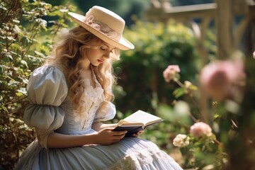 woman in victorian style clothing reading a book - obrazy, fototapety, plakaty