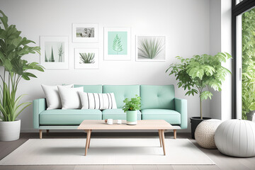 Stylish scandinavian living room and dining area with mint design sofa, empty photo frames, plants and elegant personal accessories. Modern home decor. Templates.
