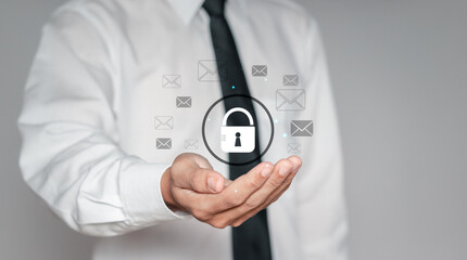 privacy and data access protection, businessman with padlock and email icon