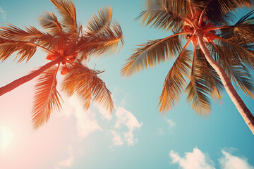  palm trees reaching for the sky against a backdrop of clear blue heavens. The sun cast a gentle glow, creating a warm and inviting atmosphere. The palm leaves can sway softly in the breeze. summer.