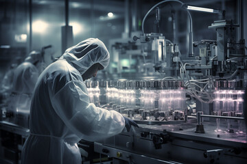 The hand is wearing blue sanitary gloves and is carefully inspecting a row of medical vials that are moving along a conveyor belt. 