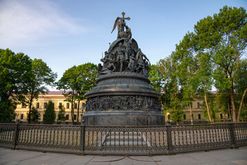 Monument "Millennium of Russia" (1862) in the early morning. Veliky Novgorod, Russia