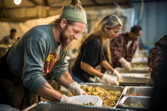 volunteers prepare food for homeless people - Powered by Adobe