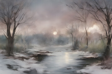 Fast-setting winter, snowy mountain