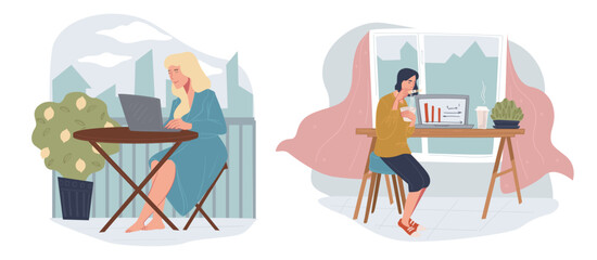 Women working from home, freelancers with laptop