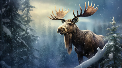 Adorable moose on a tree trunk snow jungle background
