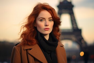 red-haired woman on the seaside in paris with eiffel tower background