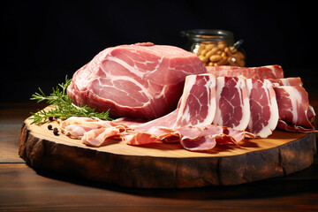 Sliced ham on wooden cutting board. Fresh prosciutto. Pork ham sliced.