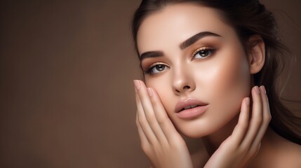 Fototapeta premium Beautiful young woman with clean fresh skin. Facial treatment. Cosmetology, beauty and spa. Generative AI.