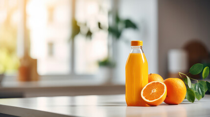 Juice bottle, oranges infront of the bottle indoor kitchen - Powered by Adobe