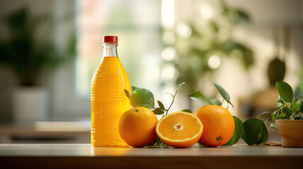 Juice bottle, oranges infront of the bottle indoor kitchen