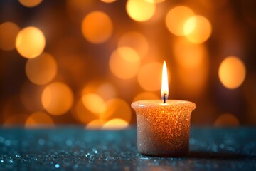 Festive background with burning candle and bokeh with copy space